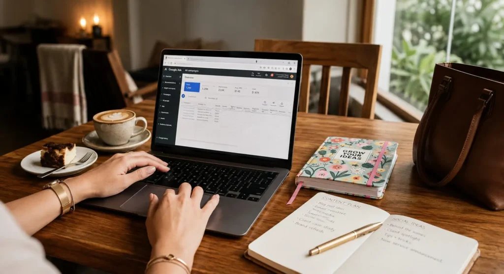 A warm, agency-style workspace featuring a professional working on a laptop at a wooden desk, surrounded by a latte, notebook, planner, and leather bag, with soft natural lighting and a blurred café-inspired background that creates a productive, creative, and sophisticated atmosphere.