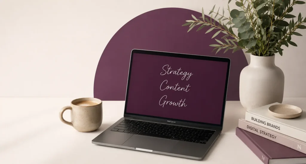A clean, modern workspace featuring a sleek laptop displaying the words "Strategy, Content, Growth," complemented by a warm coffee mug, elegant books, and lush greenery against a soft neutral background with a muted plum accent, creating a sophisticated and agency-inspired aesthetic.