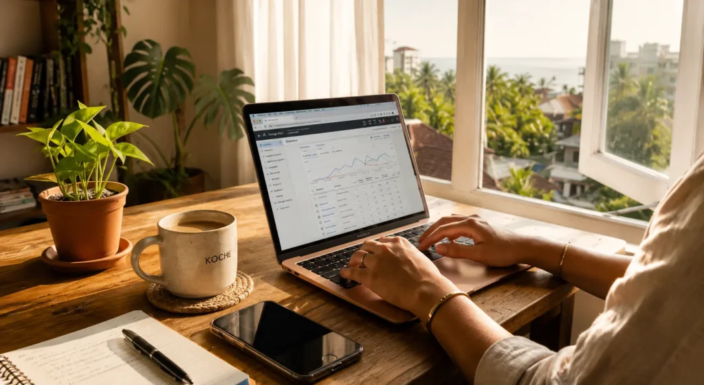 A bright, home office featuring a professional working on a laptop by a sunlit window, complemented by lush indoor plants, a coffee mug, smartphone, and notebook, with a scenic tropical view that creates a calm, productive, and sophisticated workspace.