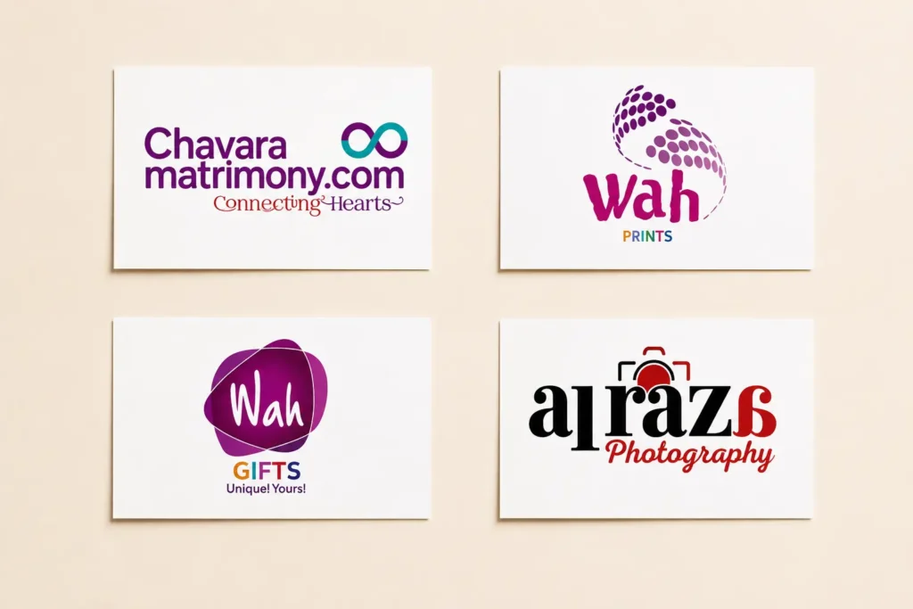 A clean, premium portfolio mockup displaying four brand logos on white presentation cards arranged in a 2×2 grid over a warm beige background. Soft shadows, ample whitespace, and a minimalist layout create a modern, agency-style brand showcase.