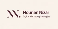 This logo features a bold "NN." monogram in deep maroon on a soft beige background, paired with the name "Nourien Nizar" in a modern bold font and the tagline "Digital Marketing Strategist" in a clean, minimalist style, creating a professional and elegant brand identity.