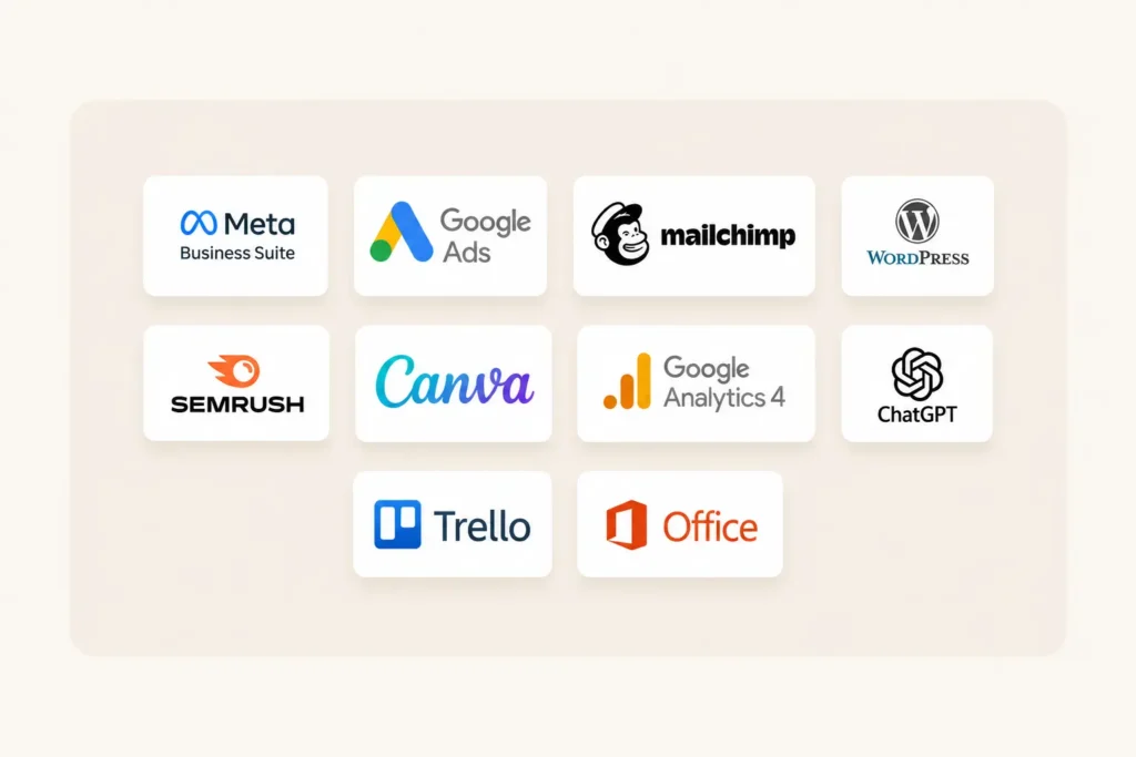 A clean showcase of essential digital marketing and productivity tools, presented as elegant floating cards on a soft neutral background with subtle shadows, creating a modern, professional, and visually balanced aesthetic.
